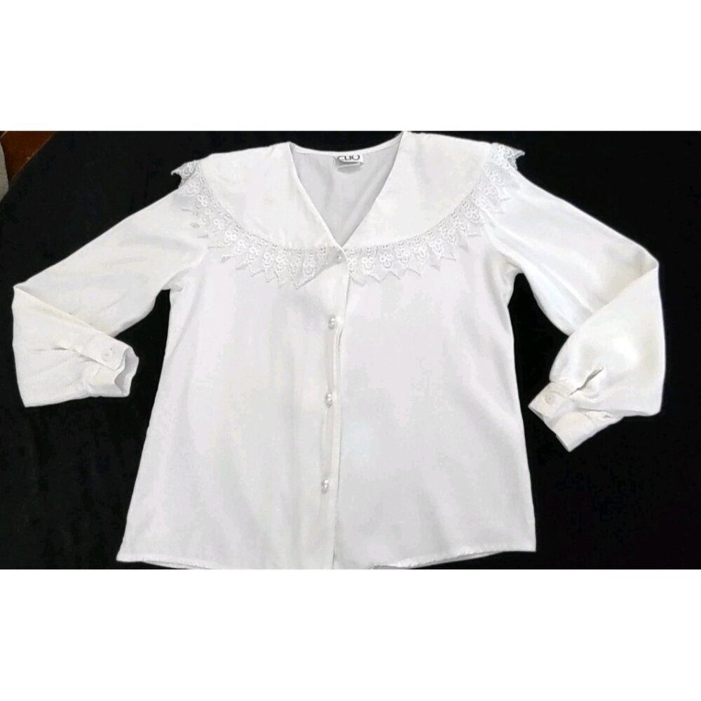 CLIO 90's Vintage Ivory Lace Collared Blouse Shirt Top Size M/L Pearl Bottoms